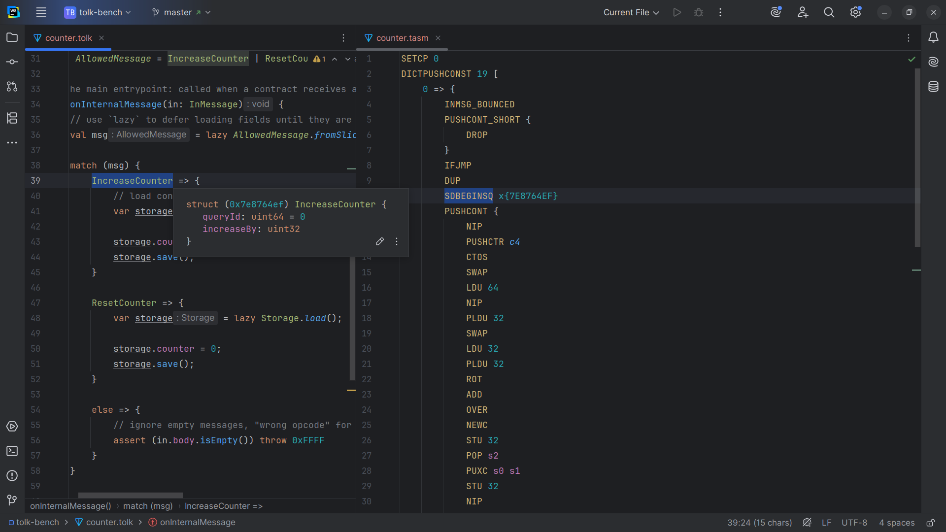 Screenshot of the TON Assembly (TASM) language support