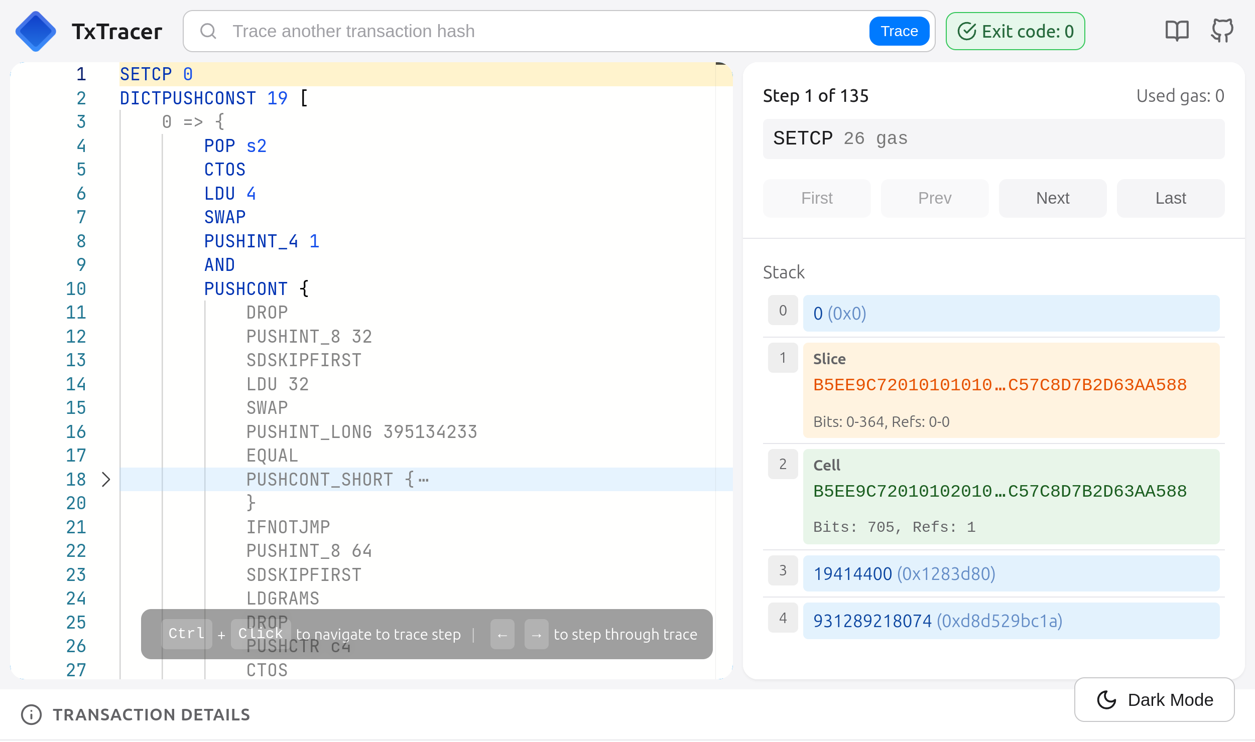 Screenshot of tracing by transaction hash
