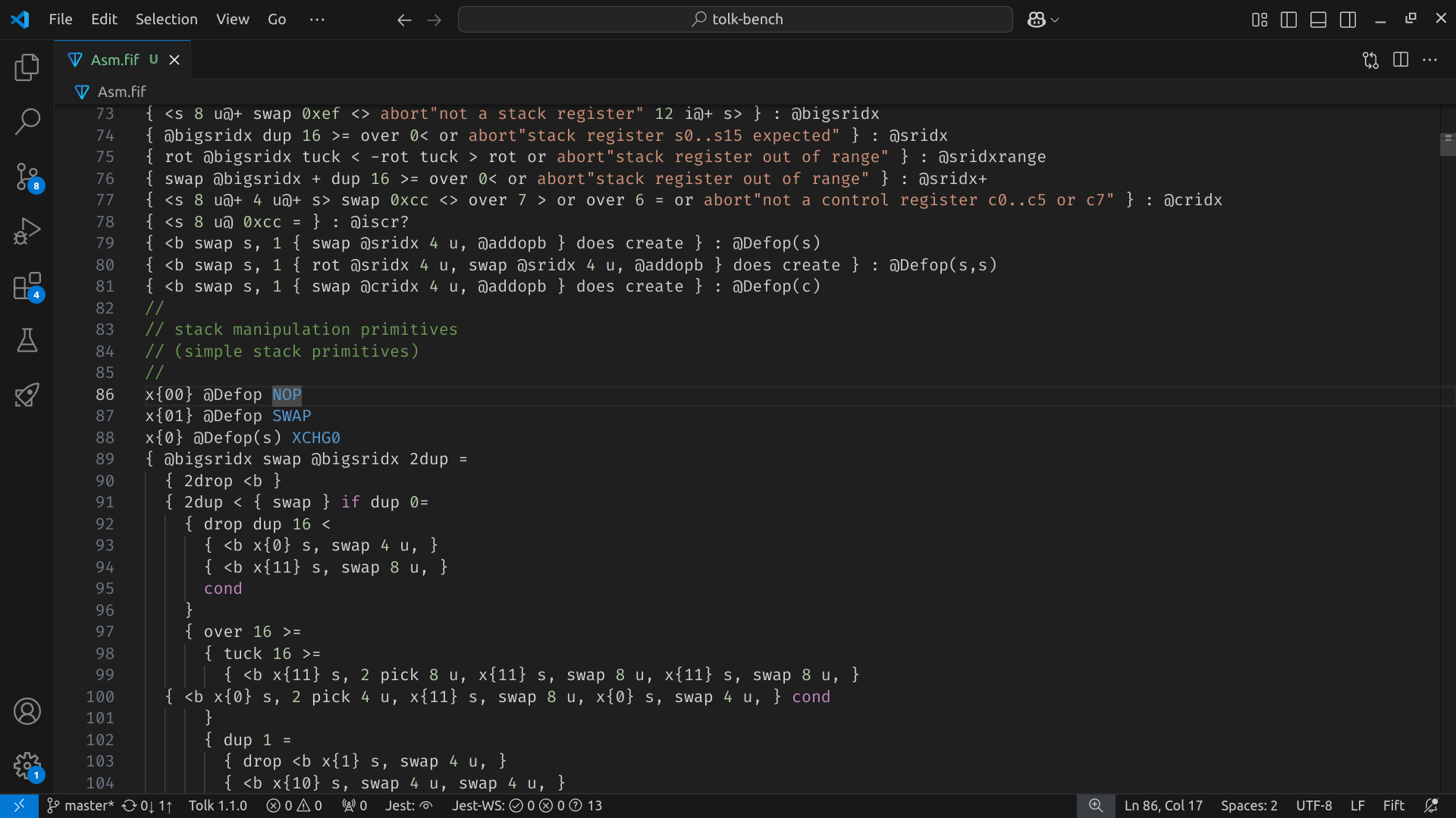 Screenshot of the Fift language support