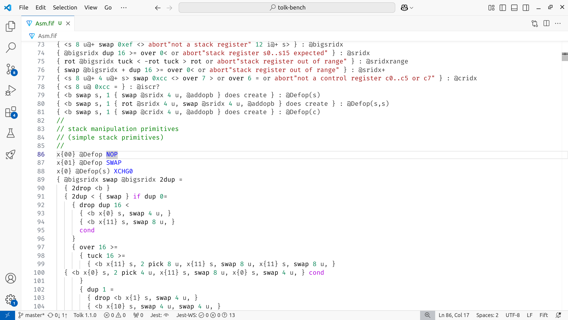 Screenshot of the Fift language support