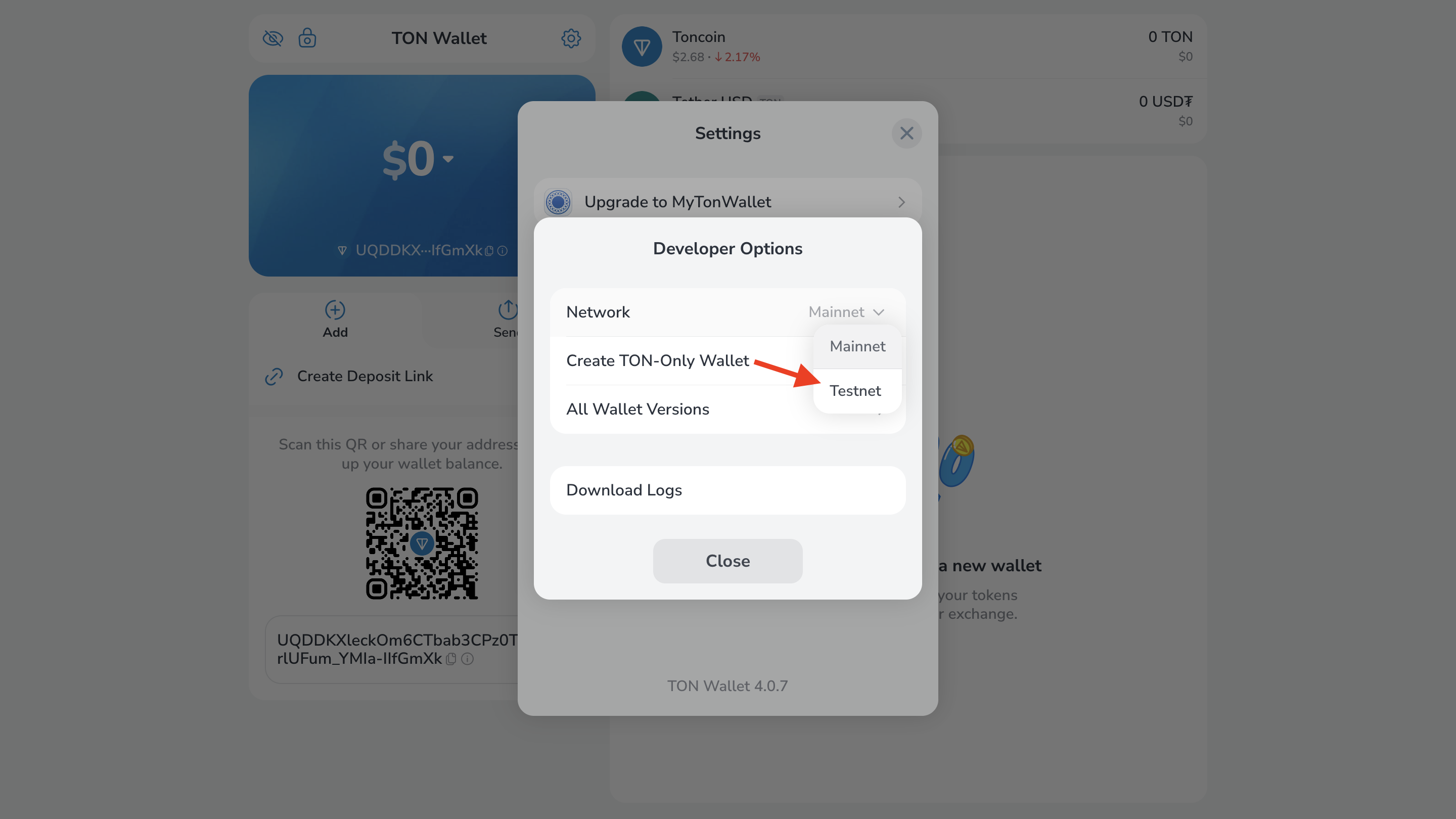 Choose Testnet
